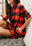 Red Plaid Single Breasted Pockets Turndown Collar Long Sleeve Blouse