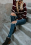 Rose Carmine Striped Print Round Neck Casual Pullover Sweater