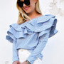 Blue Striped Asymmetric Shoulder Cascading Ruffle Long Sleeve Fashion Blouse