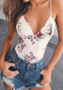 White Bohemian Floral Print Spaghetti Strap Skinny Deep V-neck Bikini Swimwear