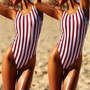 Red-White Striped Backless Round Neck Sleeveless One Piece Bikini Swimwear