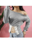 Grey Cut Out Lace-up Off Shoulder Long Sleeve Fashion T-Shirt