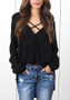 Black Cut Out High-low V-neck Long Sleeve Casual T-Shirt