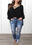 Black Cut Out High-low V-neck Long Sleeve Casual T-Shirt