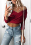 Red Crop Cut Out Boat Neck Long Sleeve Fashion T-Shirt