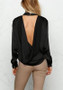 Black Cut Out Buttons Backless Round Neck Long Sleeve Blouse