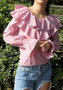 Pink Striped Print Ruffle Bell Sleeve V-neck Cute Sweet Blouses