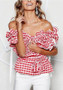 Red-White Plaid Drawstring Ruffle Sashes Off Shoulder Lace-up Sweet Cute Blouse