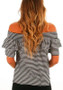 Black-White Striped Ruffle Off Shoulder Backless Sweet Going out T-Shirt