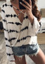 White Striped Hollow-out Plunging Neckline Long Sleeve Fashion T-Shirt