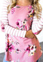 Pink Striped Floral Print Round Neck Long Sleeve Casual T-Shirt
