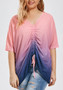 Pink Drawstring Ruched Irregular Plus Size V-neck Casual T-Shirt