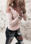 Pink Patchwork Lace Round Neck Long Sleeve Fashion T-Shirt