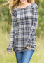 Grey Plaid Print Round Neck Long Sleeve Fashion T-Shirt