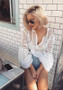 White Patchwork Drawstring Cut Out V-neck Long Sleeve Fashion Blouse