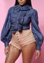 Blue Ruffle Pleated Single Breasted Peter Pan Collar Long Sleeve Denim Blouse