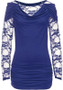 Blue Lace Round Neck Long Sleeve Fashion T-Shirt