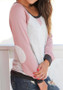 Pink Patchwork Print Pockets Round Neck Long Sleeve Casual T-Shirt
