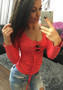 Red Plain Drawstring Plunging Neckline Long Sleeve T-Shirt