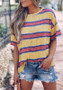 Yellow Striped Print Side Slit Elbow Sleeve Casual T-Shirt