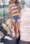 Yellow Striped Print Side Slit Elbow Sleeve Casual T-Shirt