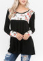 Black Flowers Print Draped Round Neck Long Sleeve T-Shirt