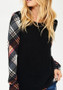 Black Patchwork Plaid Long Sleeve Casual Cute T-Shirt