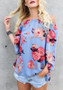 Blue Floral Long Sleeve Off Shoulder Casual Loose Blouse