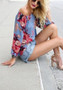 Blue Floral Long Sleeve Off Shoulder Casual Loose Blouse