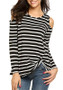 Black-White Striped Print Cut Out Knot Round Neck Long Sleeve Casual T-Shirt