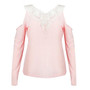 Pink Patchwork Lace Cut Out V-neck Long Sleeve Fashion T-Shirt