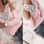 Pink Patchwork Lace Cut Out V-neck Long Sleeve Fashion T-Shirt