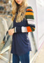 Blue Patchwork Sequin Pockets Long Sleeve Round Neck T-Shirt