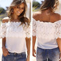 White Patchwork Lace Boat Neck Off Shoulder Chiffon Cute T-Shirt