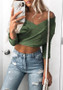 Green Crop Cut Out Boat Neck Long Sleeve Fashion T-Shirt