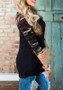 Black Patchwork Camouflage Print Round Neck Long Sleeve Casual T-Shirt