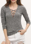 Grey Drawstring V-neck Long Sleeve Casual T-Shirt