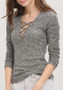 Grey Drawstring V-neck Long Sleeve Casual T-Shirt