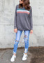 Grey Striped Print Round Neck Long Sleeve Casual T-Shirt