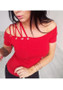 Red Hollow-out Asymmetric Shoulder Off-Shoulder Slim Fashion T-Shirt