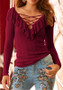 Burgundy Lace-Up Ruffle Cut Out V-neck Long Sleeve Fashion T-Shirt