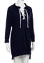 Dark Blue Drawstring Lace Up Irregular V-neck Long Sleeve Casual Pullover Sweatshirt