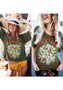 Green Monogram Print Round Neck Short Sleeve Casual T-Shirt