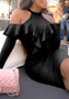 New Black Cut Out Ruffle Zipper Long Sleeve Halter Neck Off Shoulder Midi Dress
