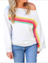 New White Rainbow Striped One Off Shoulder Long Sleeve Casual T-Shirt