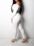 New White Off Shoulder Lace-up Two Piece Long Sleeve Pockets Casual High Waisted Long Jumpsuit