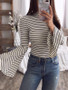 New White Striped Ruffle Long Sleeve Casual Sweet Going out T-Shirt