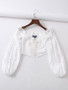 New White Patchwork Lace Cut Out Drawstring Bohemian Off Shoulder Long Sleeve Blouse