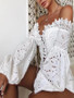 New White Patchwork Lace Cut Out Drawstring Bohemian Off Shoulder Long Sleeve Blouse