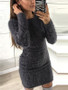 New Dark Grey Draped Round Neck Long Sleeve Casual Mini Dress